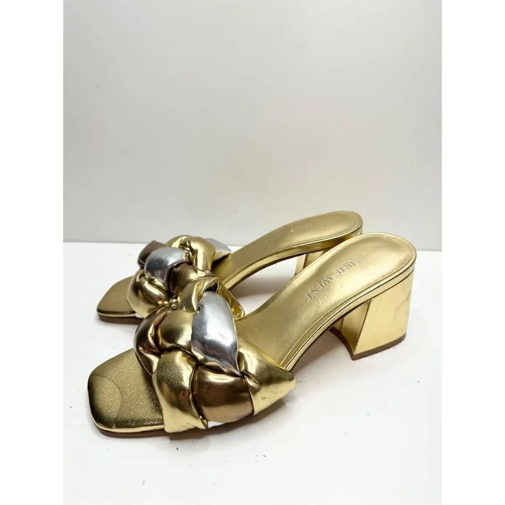 Nine West Sandals Womens Size 5 Got it Woven Square Toe‎ Slip On Block Heel